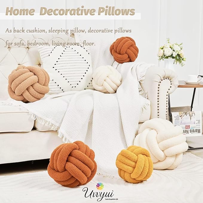 Uvvyui Knot Pillow Ball, Soft Home Decorative Pillows, Round Throw Pillow, Handmade Knotted Plush Pillow, Round Boucle Pillow Cushion (14 Inches Blue)