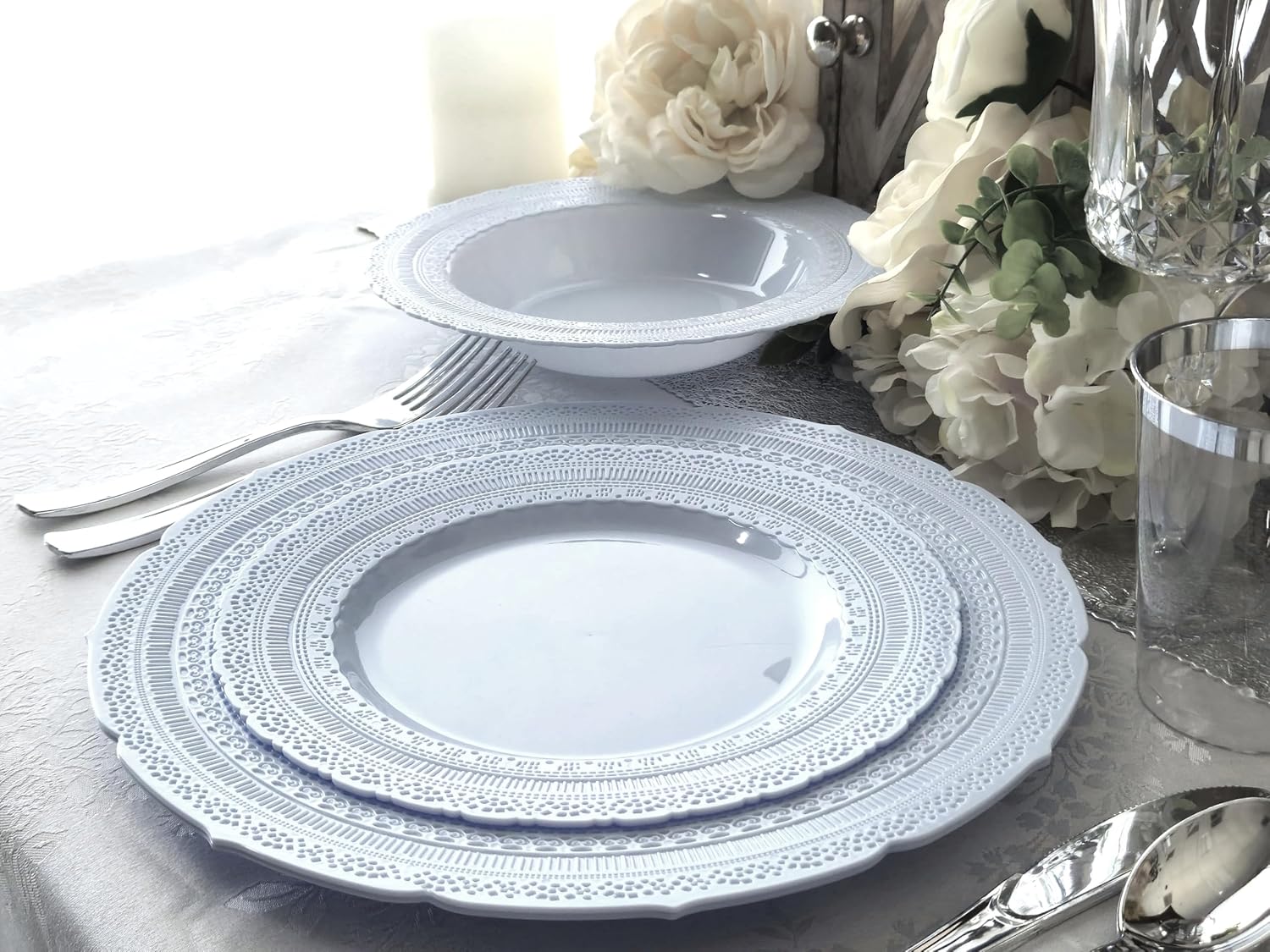 " OCCASIONS " 60 Plates Pack, Extra Heavyweight Disposable Vintage Wedding Party Plastic Plates (11'' Dinner Plate, Chateau in Blue)