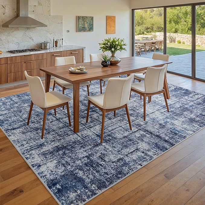 8x10 Area Rugs for Living Room Washable Rug: Anti-Skid Abstract Modern Living Room Rug Soft Thin Carpets Indoor Floor Non-Shedding Carpet for Bedroom Dining Farmhouse Nursery Navy Light Gray