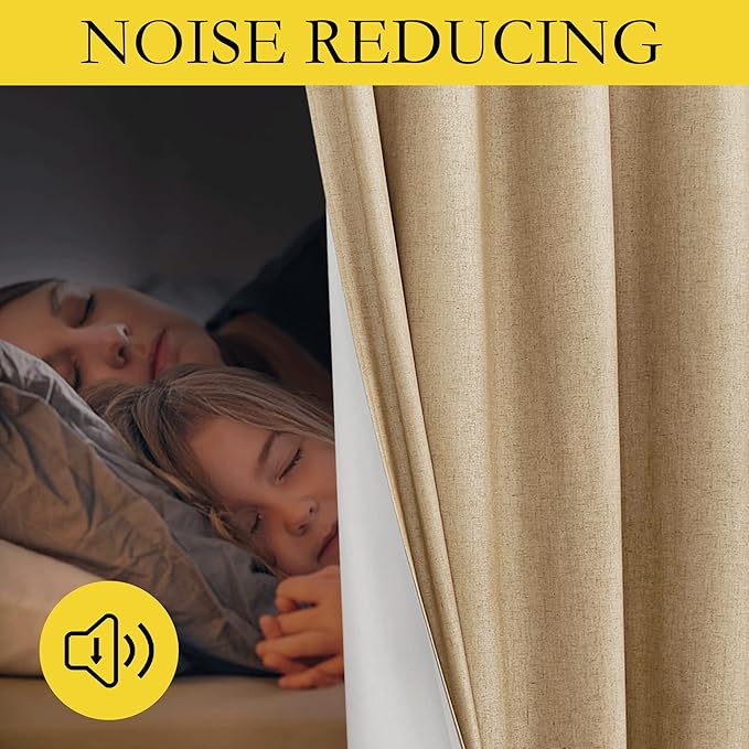 NICETOWN 100% Absolutely Blackout Linen Curtains with Thermal Insulated White Liner, Camel, W52 x L102, 2 Panels, Textured Linen Look Noise Reducing Window Treatments Drapes for Bedroom/Living Room