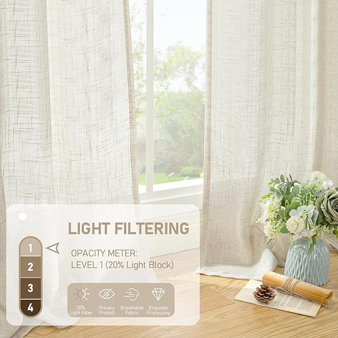 LAMIT Short Kitchen Linen Curtains 24 Inch Length for Small Windows, Cream Ivory Semi Sheer Light Filtering Panels Back Tab and Rod Pocket Cafe Drapes for Half Window, 2 Panels, 25 x 24 Inch