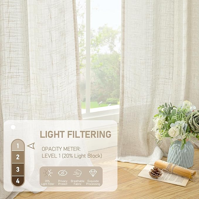 LAMIT Natural Linen Boho Curtains 84 inch Length 2 Panels, Cream Ivory Light Filtering Semi Sheer Panels Back Tab and Rod Pocket Neutral Drapes for Bedroom/Living Room, 34 x 84 Inch