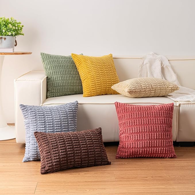Pack of 2 Corduroy Decorative Throw Pillow Covers 16x16 Inch Soft Striped Pillow Covers Modern Farmhouse Home Decor for Sofa Living Room Couch Bed（Coffee）