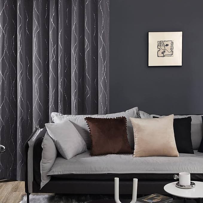 Deconovo Short Curtains Grey, Blackout Kitchen Curtain, Thermal Insulated Soundproof Drapes, Wave Dots Foil Print, 38 x 45 Inches, 2 Panels, Machine‑Washable Privacy Window Panel for Nursery Office
