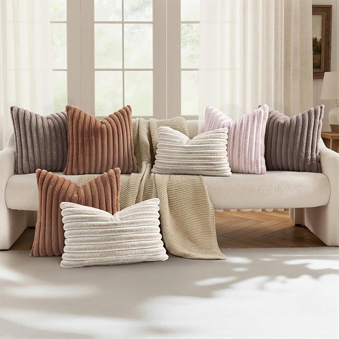 decorUhome Cozy Faux Fur Throw Pillow Covers 18x18 Set of 2 Decorative Soft Plush Striped Modern Farmhouse Boho Couch Pillow Cases with Velvet Back for Sofa Bed Living Room, Light Coffee