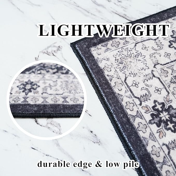 Washable 2x3 Entryway Area Rug: Vintage Soft Thin Door Mat with Non Slip Backing Water Resistant Carpet for Bedroom Low Pile Floor Mat for Kitchen Bathroom Easy Clean Rug for Family (2 X 3, Black)