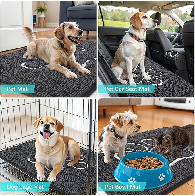 OLANLY Dog Door Mat for Muddy Paws 40x24, Paw Print Design, Absorbs Moisture and Dirt, Absorbent Non-Slip Washable Doormat, Quick Dry Chenille Mud Mat for Dogs, Entry Indoor Entryway Carpet, Dark Grey