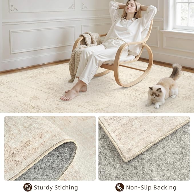 5x7 Area Rugs for Living Room: Vintage Boho Neutral Washable Rug Indoor Soft Large Area Rug Carpet for Bedroom Nursery Farmhouse Dining Room Office Floor Non-Slip Low Pile Under Table Rug Dark Beige