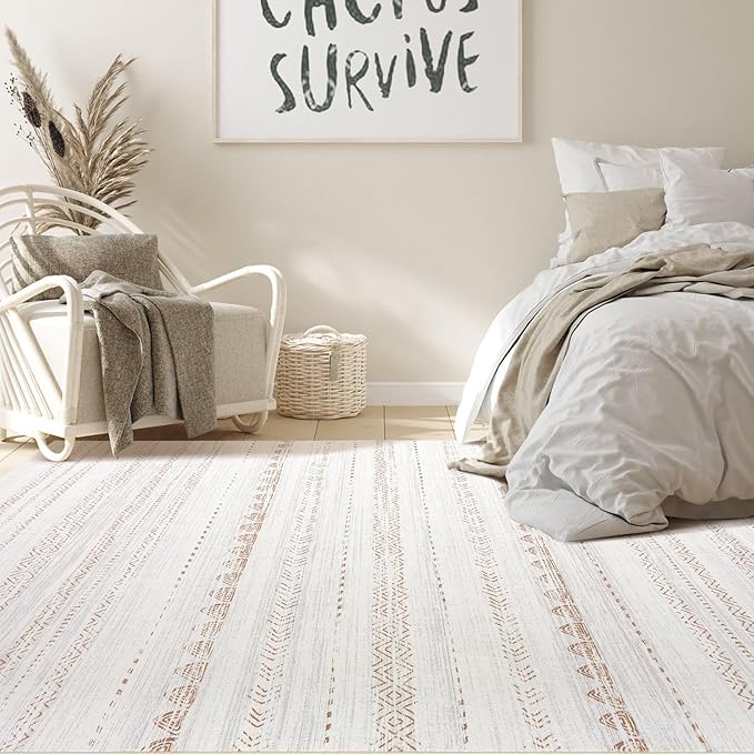Nakagishi Area Rug Living Room Rugs: 8x10 Large Soft Machine Washable Boho Moroccan FarmNeutral Stain Resistant Indoor Floor Carpet for Bedroom Under Dining Table Home Office Decor-Cream Brown