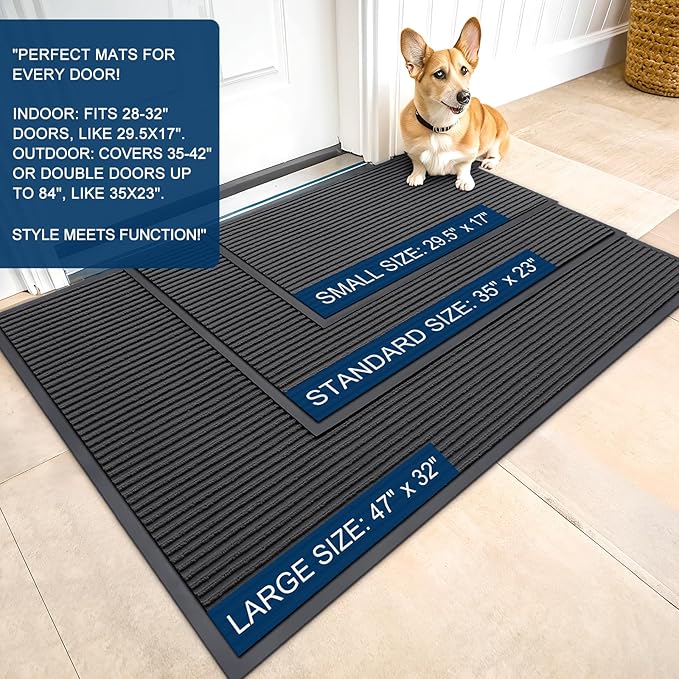 OLANLY Front Door Mat Indoor Outdoor Entrance, 2-Pack 35 x 23 Inch, Waterproof Heavy Duty Doormat, Fade Resistant, Low Profile, Easy Clean Patio Porch Welcome Floor Mats for Entry, Charcoal Grey