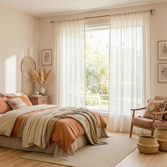 MYSKY HOME Linen Sheer Curtains 63 Inch Length for Small Windows,Light Filtering Privacy Protect Drapes Set with Macrame, Back Tab Boho Style Farmhouse Home Decor, 50" x 63", 2 Panels