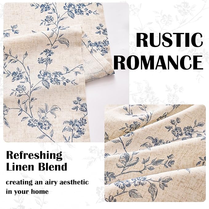 Lazzzy 90 Inch Length Curtain for Living Room Bedroom Blue Floral Drapes Linen Farmhouse Vintage Light Filtering Curtains Rod Pocket Back Tab, 2 Panels, Blue on Beige
