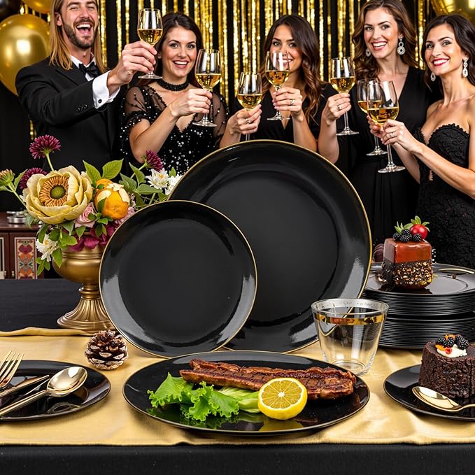 bUCLA 150PCS Black and Gold Plastic Plates - Black Gold Plastic Dinnerware Set Disposable - Include 25 Dinner / 25 Dessert Plates, 25 Knives, 25 Forks, 25 Spoons, 25 Cups, Ideal for Party & New Year