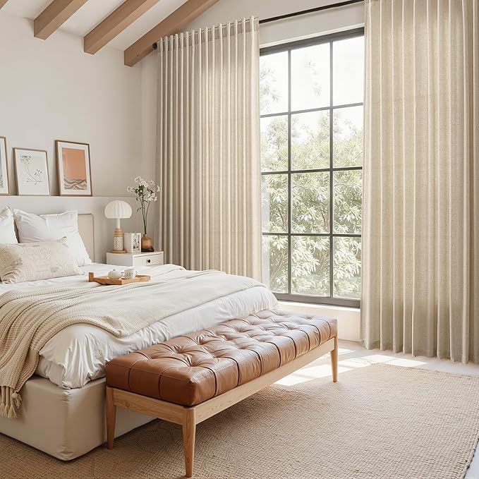 Taupe Burlywood Linen Curtains for Living Room 105 Inches Long Light Filtering Semi Sheer Curtain Back Tab Rustic Luxury Neutral Modern Farmhouse Decor Drapes for Bedroom Dinner Room 52x105, 2 Panels