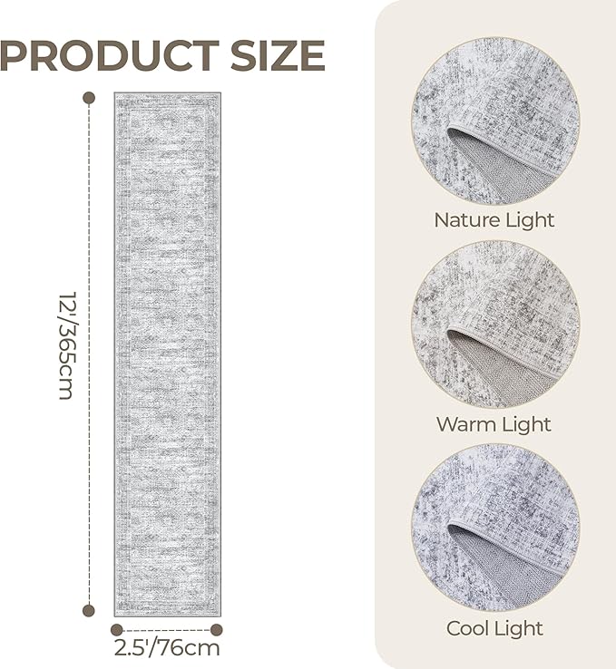 Washable Runner Rug 2.5x12, Non-Slip Long Bathroom Rugs Runner for Kitchen, Living Room, Bedroom, Soft Vintage Rug for Entryway, Thin Floor Mat for Dining Room(2.5'x12', Grey/Ivory)