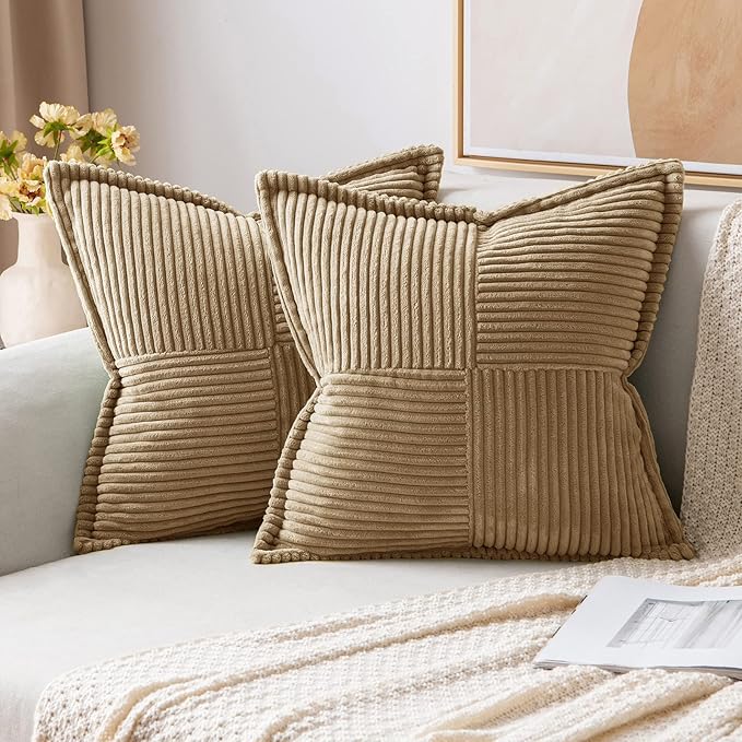 MIULEE Khaki Corduroy Decorative Euro Sham Pillow Covers 24x24 Inch with Splicing Set of 2 Soft Boho Pillow Covers Broadside Textured Pillowcases for Couch Bed Livingroom