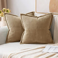 MIULEE Khaki Corduroy Decorative Euro Sham Pillow Covers 24x24 Inch with Splicing Set of 2 Soft Boho Pillow Covers Broadside Textured Pillowcases for Couch Bed Livingroom