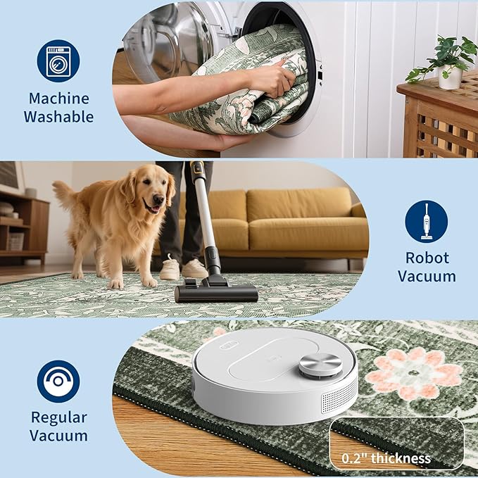 GarveeHome Provence Sage Green 6x9 Area Rugs, Botanical Grove Vintage Cottagecore Non-Slip Washable Rug for Living Room Bedroom Nursery Kitchen Low-Pile Retro Large Carpet