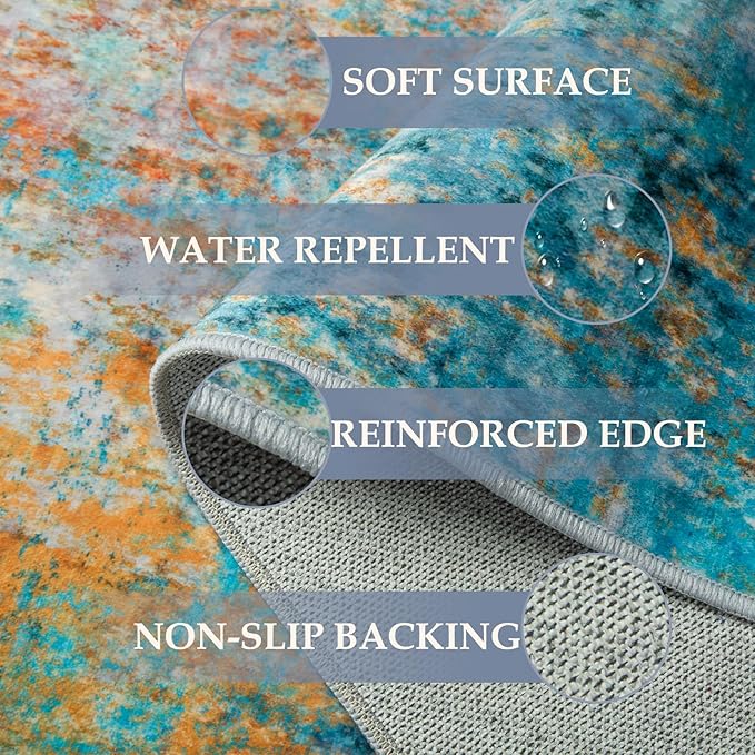 Washable Area Rugs Square 8ft Non-Slip Modern Abstract Soft for Living Room Entryway Bedroom Nursery, Print Pattern, Teal Blue Green Orange Rust Red Coloreful