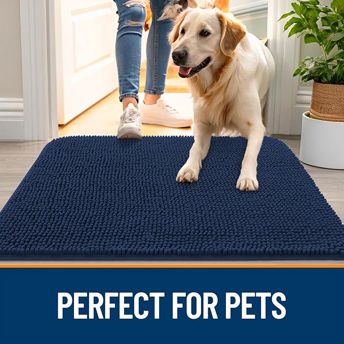 OLANLY Dog Door Mat for Muddy Paws 30x17, Absorbs Moisture and Dirt, Absorbent Non-Slip Washable Doormat, Quick Dry Chenille Mud Mat for Dogs, Entry Indoor Entryway Carpet for Inside Floor, Dark Blue