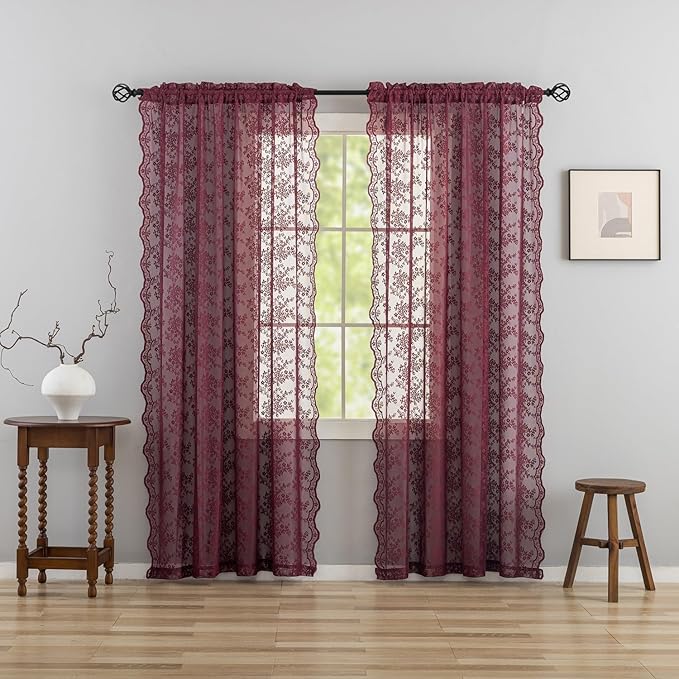 YJ YANJUN Vintage Lace Curtains 84 Inches Long- Elegant Floral Maroon Sheer Curtains Timeless Christmas Burgundy Drapes for Living Room Bedroom Privacy 7 FT 52W x 84L (Set of 2) Deep Merlot