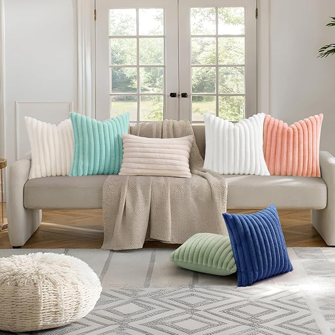 decorUhome Cozy Faux Fur Throw Pillow Covers 20x20 Set of 2 Decorative Soft Plush Striped Modern Farmhouse Boho Couch Pillow Cases with Velvet Back for Sofa Bed Living Room, Blue