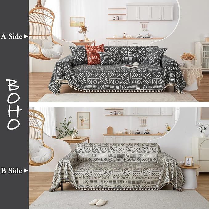HANDONTIME Sofa Covers Boho Couch Cover for 3 Cushion Couch Sofa Geometric Couch Cover for Living Room Pet Sofa Slipcovers Couch Protector for Dogs Aesthetic Cushion Cover, Black/White