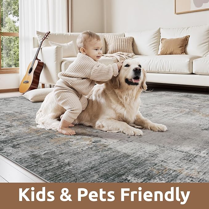 4 x 6 Area Rugs for Living Room, Machine Washable Non Slip Rug Ultra Soft Low Pile Indoor Carpet Modern Abstract Rugs for Bedroom Office Room Dining Room Beside, Grey