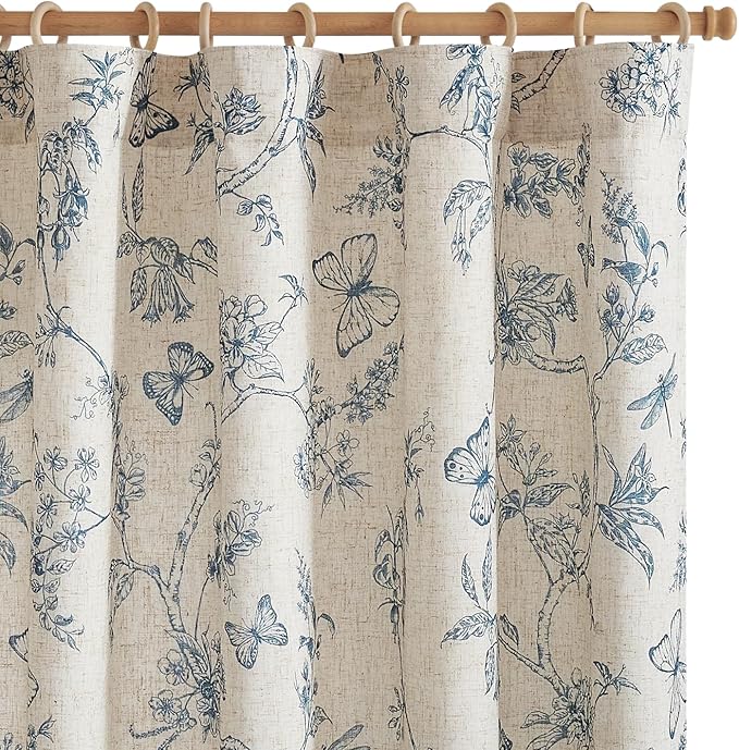 jinchan Floral Curtains Lined Linen Blend Curtain for Living Room 63 Inch Length Blue Flower Patterned Curtain French Country Farmhouse Curtains Drapes Back Tab Rod Pocket 2 Panels