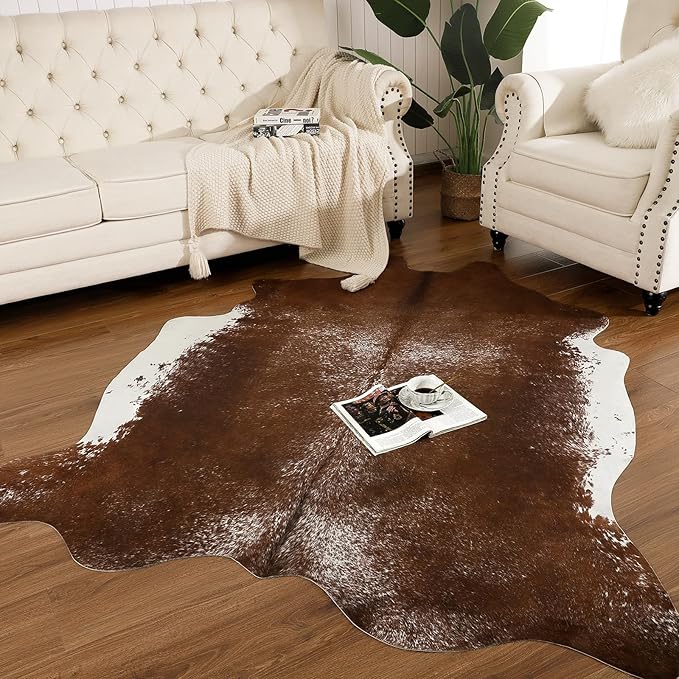 AROGAN Western Decor Faux Fur Cowhide Rug, Middle Size Premium Animal Skin Cow Hide Rug, Sturdy Cow Print Rugs for Wall Decor, Western Floor Carpet for Bedroom Living Room, Brown