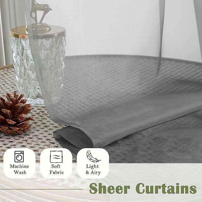Lecloud Charcoal Grey Sheer Curtains 120 Inches Long 2 Pcs, Light Filtering Rod Pockets Airy Window Curtains for Living Room Decor, Rustic Soft Bedroom Curtain Drapes, Each Panel 59" W x 120" L