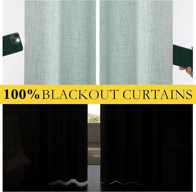 NICETOWN 100% Absolutely Blackout Linen Curtains with Thermal Insulated Liner, Seafoam Green, 62" Wide, 102" Length Energy Saving Curtains for Living Room 2 Panels Set, Vertical Blinds