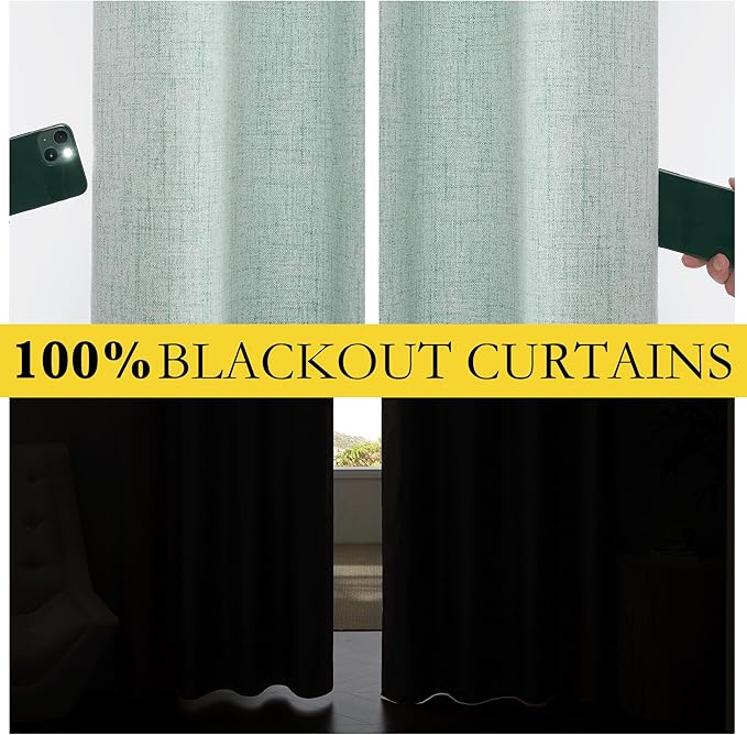 NICETOWN 100% Absolutely Blackout Linen Curtains with Thermal Insulated White Liner, Seafoam Green, 52 inches Wide, 84 inches Length Energy Saving Drapes for Living Room 2 Panels Set, Vertical Blinds