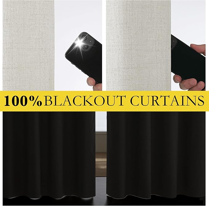 NICETOWN Snowbound Vintage Linen 100% Blackout Curtains for Living Room, Thermal Insulated Curtains 90" Long, Noise Reducing Window Treatment Drapes for Hall Room, 42" Wide Per Panel, Set of 2