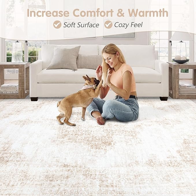 Area Rug 9x12 Vintage Rugs: Large Washable Living Room Rug Retro Medallion Distressed Soft Low Pile Non-Slip Rugs Indoor Floor Carpet for Bedroom Dining Table Office (Beige,9'x12')