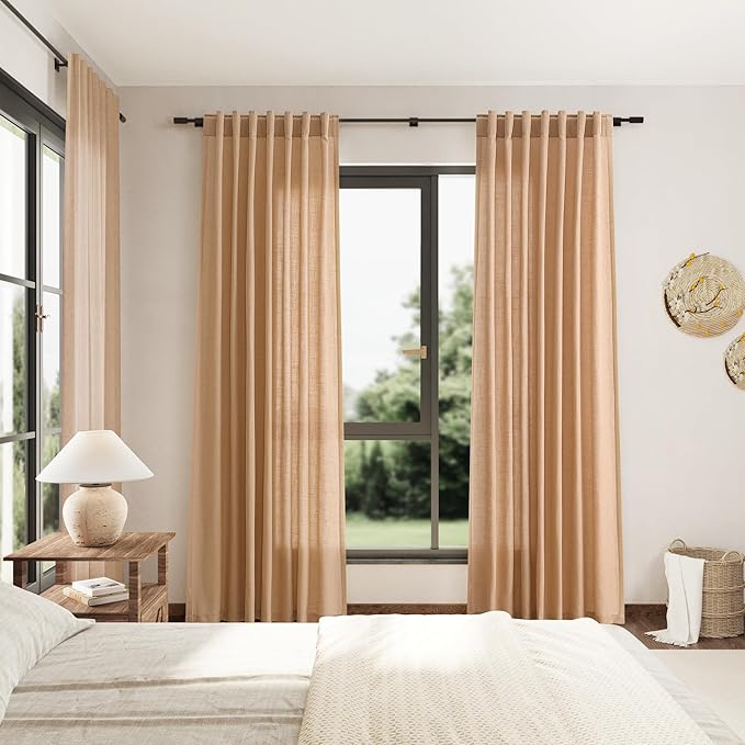 Camel Linen Curtains 96 Inches Long for Living Back Tab Rod Pocket Vintage Rustic Farmhouse Light Filtering Curtain Burlap Textured Linen Drapes 96 Inch Length for Dinning Room Bedroom 52x96
