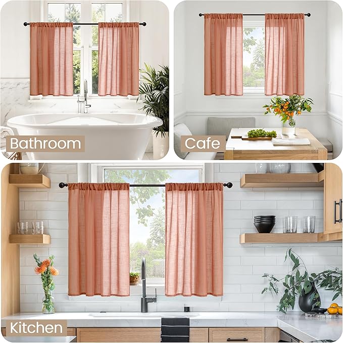 BGment Short Terracotta Linen Curtains 30 Inch Length for Kitchen Window, Semi Sheer Fall Drapes for Cafe Over Sink Half Decor Rustic Textured Rod Pocket Lightweight, 2 Panels, Each 30 Inch Wide