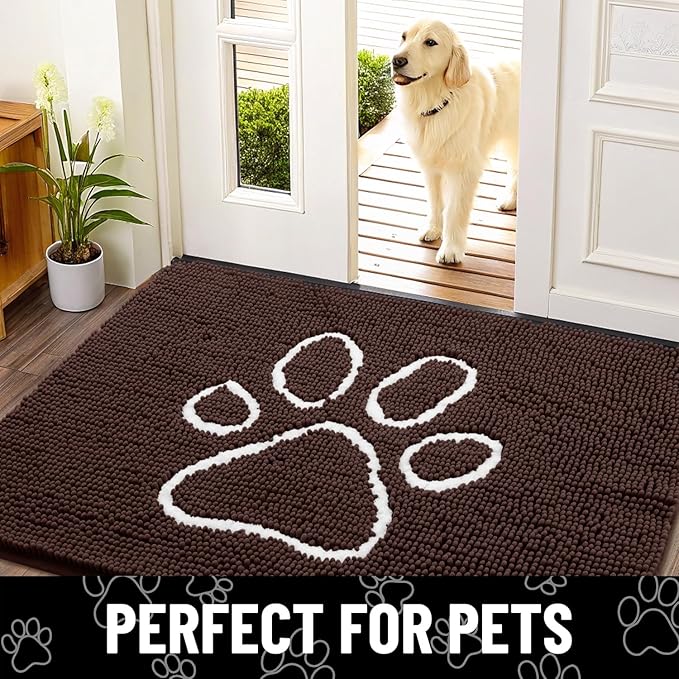 Smiry Dog Door Mat for Muddy Paws, Absorbent Dirt Trapper Non Slip Quick Dry Washable Chenille Mat for Mud Dogs, Entry Rug for Indoor and Outdoor (47x20 Inches, Brown and White)