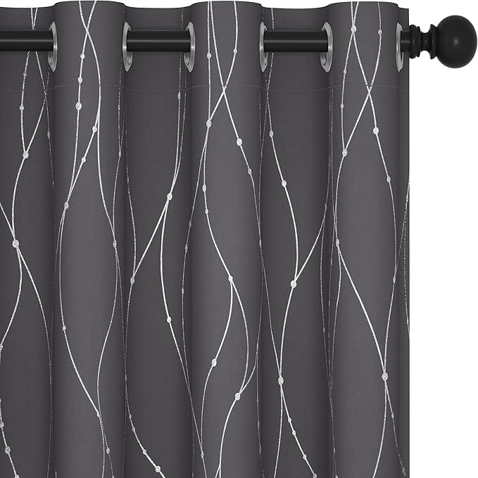 Deconovo Grey Blackout Curtains for Living Room, Thermal Insulated Soundproof Drapes, Wave Dots Foil Print, 52 x 72 Inches Long, 2 Panels, Machine‑Washable Window Panel for Bedroom Nursery Office