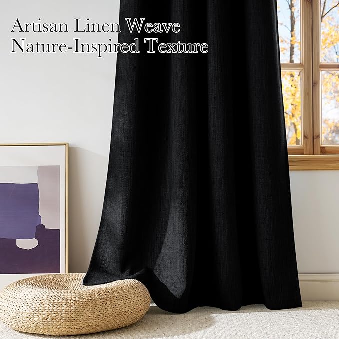 NICETOWN Black Faux Linen Room Darkening Rod Pocket Curtains 63 inch Length, W42 x L63, Light Blocking Thermal Insulated Noise Reducing Drapes for Bedroom Living Room Farmhouse Decor, 2 Panels
