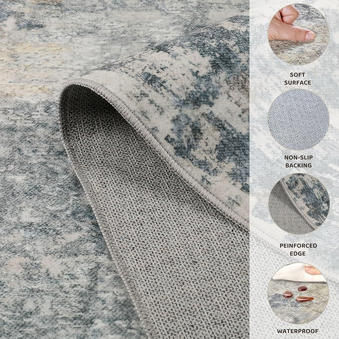 UERMEI 6ft Round Area Rug Living Room Rugs - 6x6 Washable Neutral Modern Abstract Soft Thin Rug Indoor Floor No Slip Rug Carpet for Bedroom Under Dining Table Home Office Decor - Blue Grey