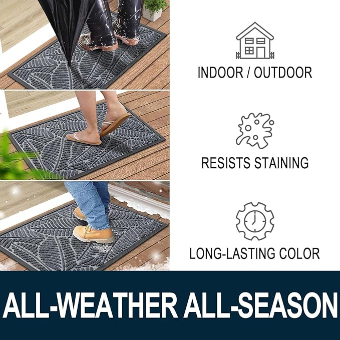Colorxy Waterproof Doormat, Sturdy Natural Rubber Front Indoor Mat, Non Slip Low Profile Indoor Outdoor Door Mats, Stain and Fade Resistant Floor Mat, Easy Clean Patio Entrance Mat, 48''x32'', Grey