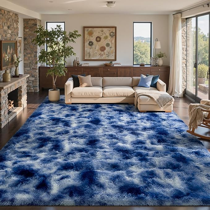 5x7 Ft Blue Shag Rugs for Bedroom Living Room Decor, Ultra Soft Fluffy Furry Area Rug for Indoor Floor, Aesthetic Carpet for Nursery Dorm Home Decor