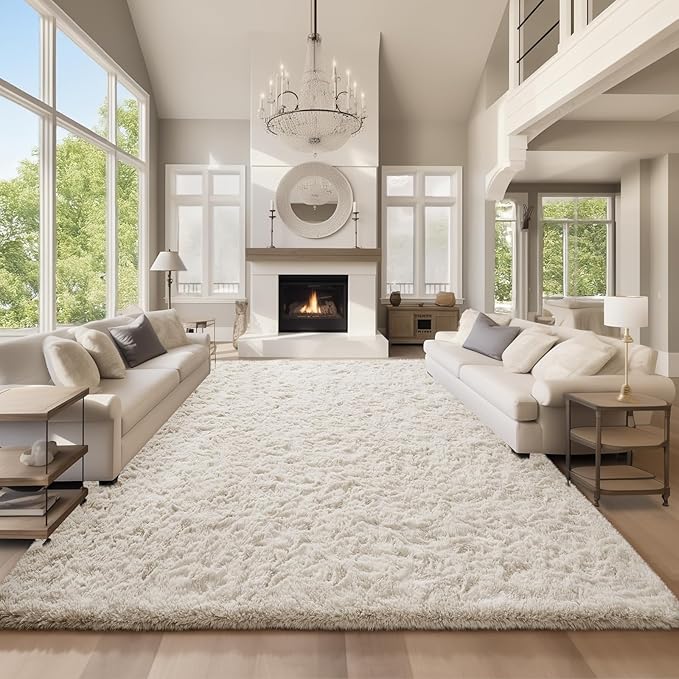 Ophanie Area Rugs 9x12 Living Room, Large Ivory Bedroom Carpet, Big Shag Indoor Thick Soft Nursery Rug, Fluffy Carpets for Boy and Girls Room Dorm Home Decor Aesthetic