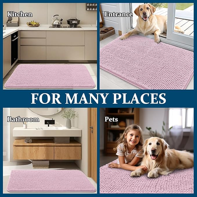 OLANLY Dog Door Mat for Muddy Paws 40x24, Absorbs Moisture and Dirt, Absorbent Non-Slip Washable Doormat, Quick Dry Chenille Mud Mat for Dogs, Entry Indoor Entryway Carpet for Inside Floor, Dusty Rose