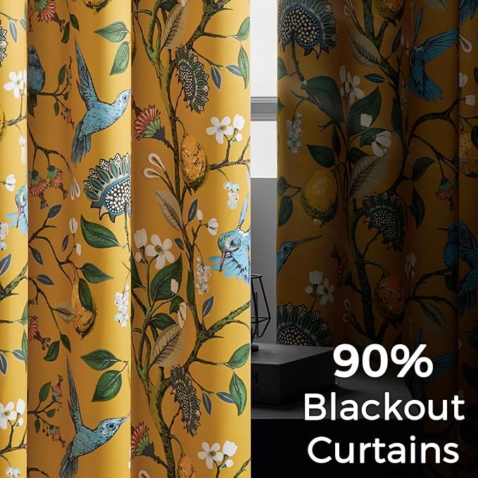 Topfinel 102 Inches Long Mustard Yellow Luxury Curtains for Living Room Bedroom, Blackout Vintage Art Deco Victorian Curtains Floral Lemon Hummingbird Printed Grommet Drape 102 Inch Length