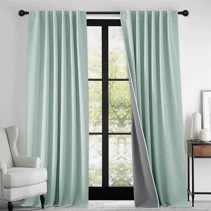 RYB HOME 100% Blackout Linen Textured Curtains 108 inches Long, Thermal Insulating Privacy Energy Saving for Bedroom Living Room Window Office Theater Baby Nursery, W 52 x L 108 in, Aqua, 2 Panels