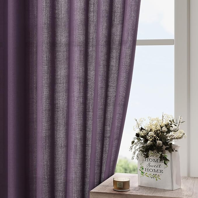 Nanspring Plum Linen Curtains 90 Inch Long 2 Panels Set for Bedroom Living Room Plum Linen Textured Window Drapes Semi Sheer Light Filtering Rod Pocket Back Tab Farmhouse Curtain 52x90