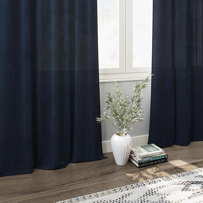 Nanspring Navy Blue Linen Curtains 63 Inches Length 2 Panels Set for Living Room Back Tab Pocket Light Filtering Semi Sheer Drapes Cotton Linen Textured Indigo Blue Window Curtain 52X63 Inches