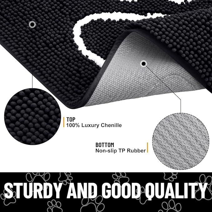 Smiry Dog Door Mat for Muddy Paws, Absorbent Dirt Trapper Non Slip Quick Dry Washable Chenille Mat for Mud Dogs, Entry Rug for Indoor and Outdoor (59x32 Inches, Black and White)